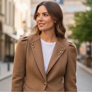 Stylish Wool-Blend Style Camel Brown Cropped Blazer Jacket